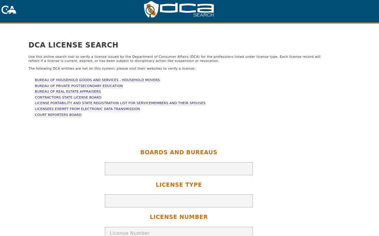 Mountain House resident lookup through California Department of Consumer Affairs license search