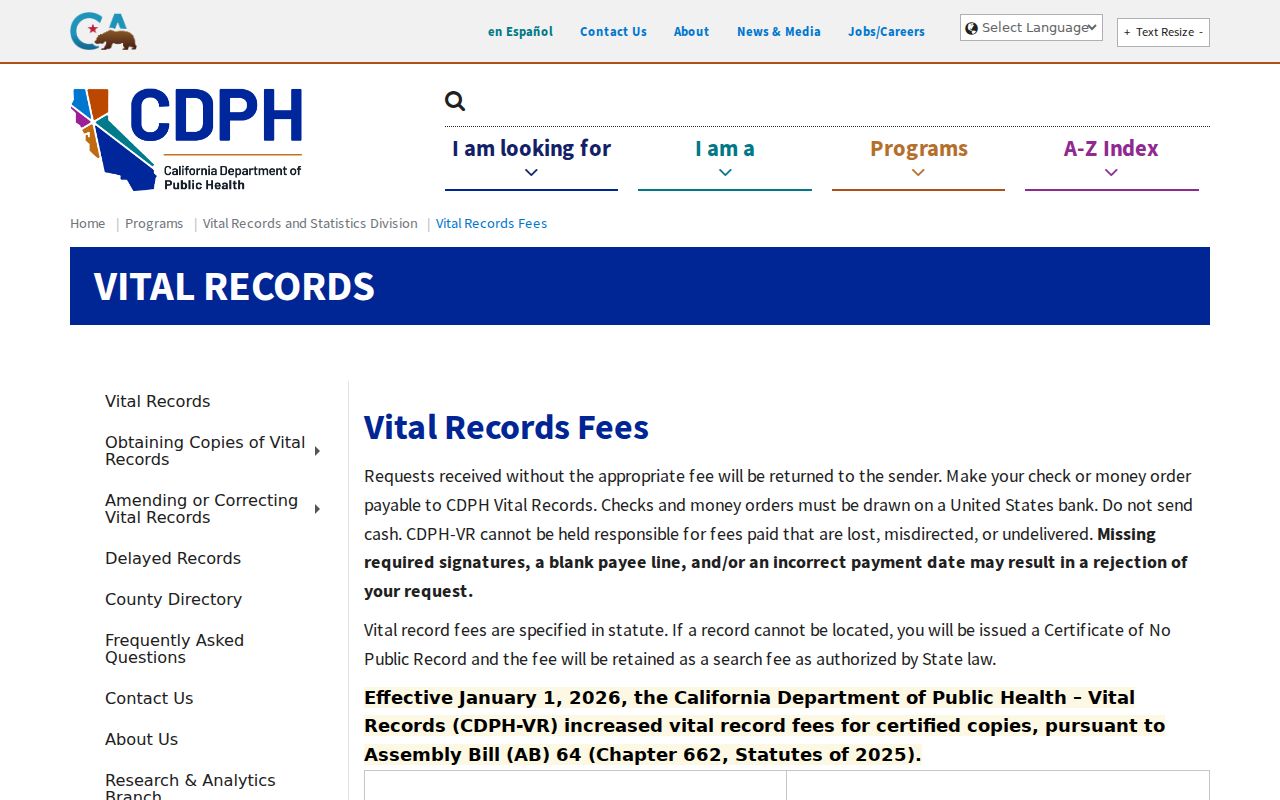 Mountain House resident lookup vital-record fees from California CDPH